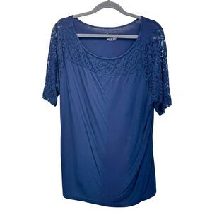 Lane Bryant Navy Blue Lace Sleeve Blouse Size 14/16 Scoop Neck Stretchy Top